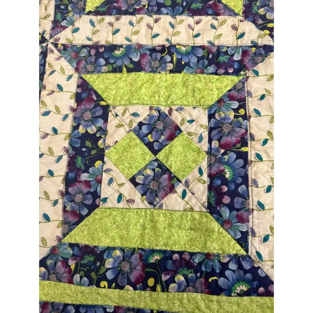 Vintage Hand Made Blue Green Geometric Baby Quilt 31”x31”